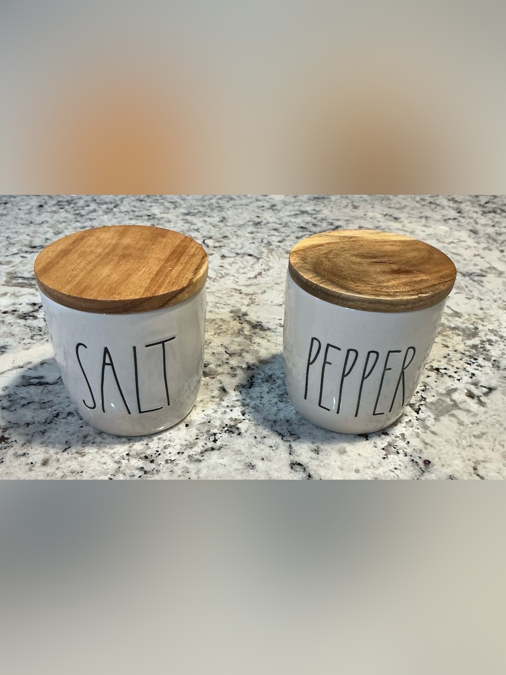Rae Dunn White Ceramic 'SALT' & 'PEPPER' Canister Duo with Wood Lids